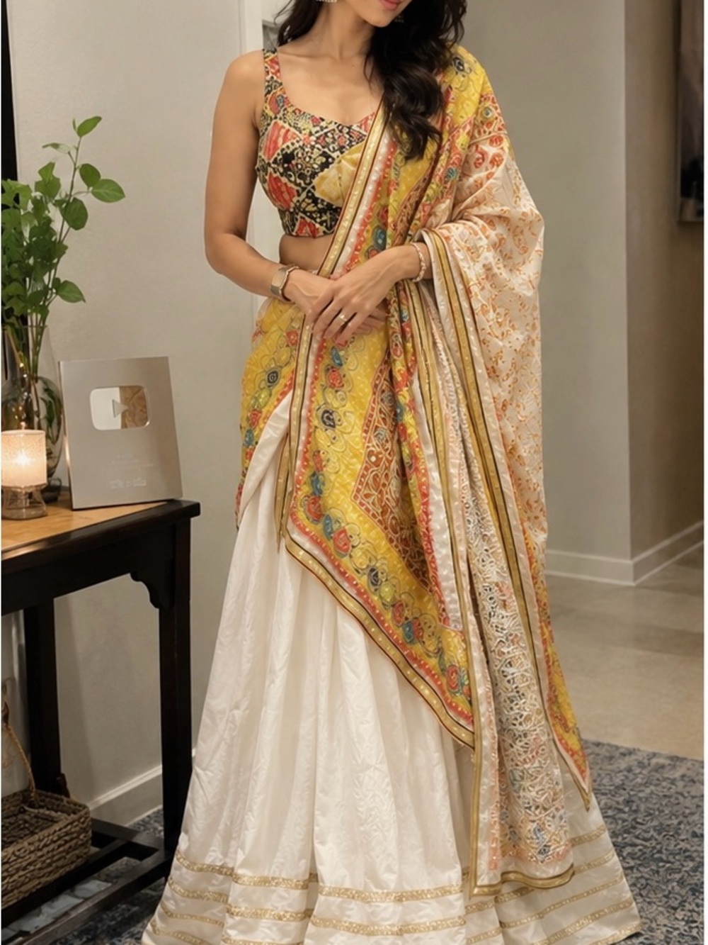 Yellow Printed Dupatta with White Lehenga and Patterned Blouse
